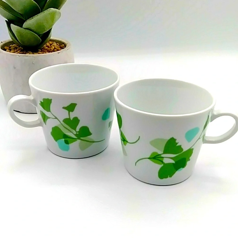 2 IKEA Stilenlig White Mugs With Ginko Leaves.